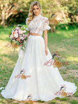 White Two Piece Lace Short Sleeve Wedding Dress