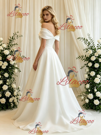 White Tulle Off the Shoulder Pleats Wedding Dress