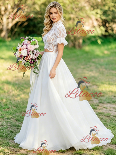 White Two Piece Lace Short Sleeve Wedding Dress