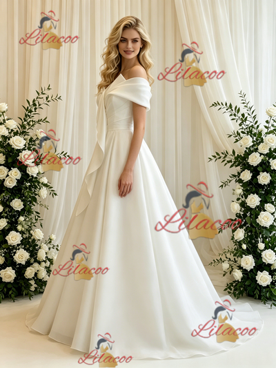 White Tulle Off the Shoulder Pleats Wedding Dress