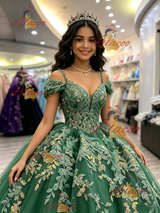 Green Tulle Off the Shoulder Appliques Quinceanera Dress