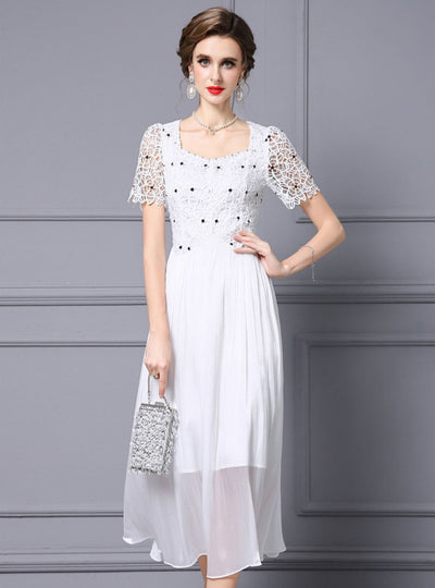 White Lace Short Sleeve Mother Of The Bride Dress