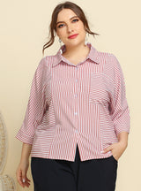 Striped Long Sleeve Lapel Pocket Ladies Shirt