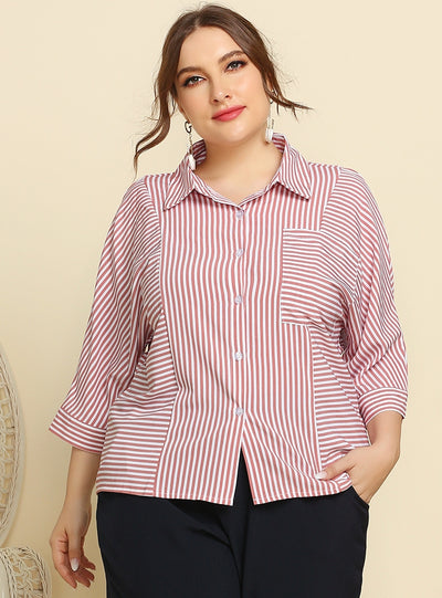 Striped Long Sleeve Lapel Pocket Ladies Shirt