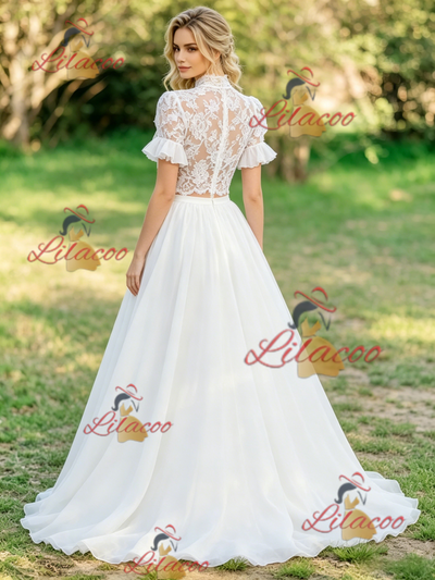 White Two Piece Lace Short Sleeve Wedding Dress