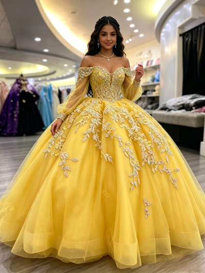 Yellow Of the Shoulder Appliques Quinceanera Dress