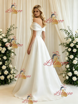 White Tulle Off the Shoulder Pleats Wedding Dress