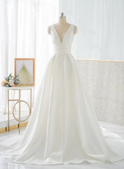 White Satin V-Neck Backless Wedding Dress