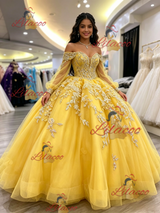 Yellow Of the Shoulder Appliques Quinceanera Dress