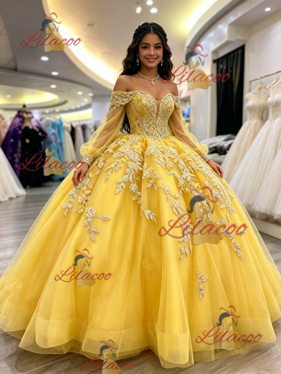 Yellow Of the Shoulder Appliques Quinceanera Dress