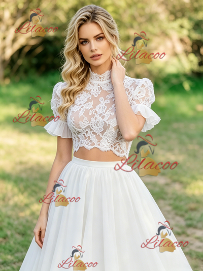 White Two Piece Lace Short Sleeve Wedding Dress