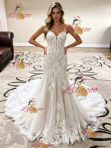White Mermaid Lace Straps Wedding Dress
