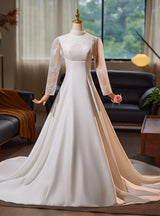 White Satin Long Sleeve High Neck Wedding Dress