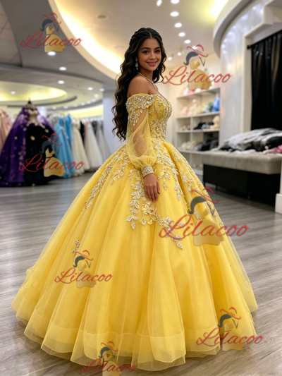 Yellow Of the Shoulder Appliques Quinceanera Dress