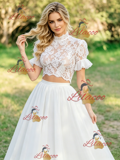 White Two Piece Lace Short Sleeve Wedding Dress