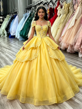 Yellow Tulle Appliques Beading Quinceanera Dress