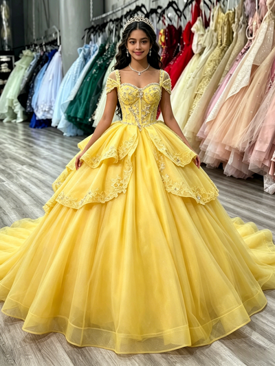 Yellow Tulle Appliques Beading Quinceanera Dress