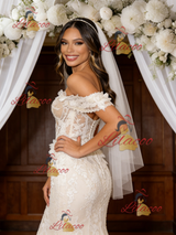 Beige White Mermaid Lace Off the Shoulder Wedding Dress