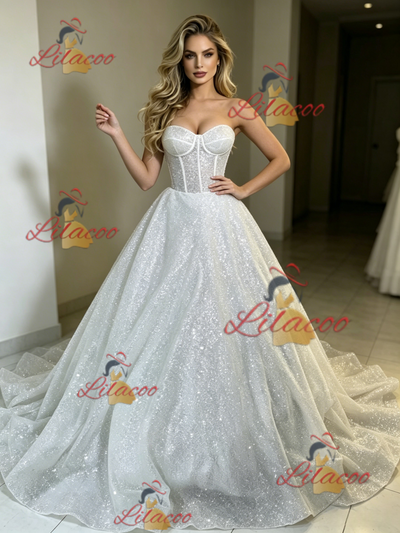White Sequins Strapless Wedding Dres