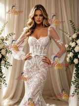 White Mermaid Tulle Lace Long Sleeve Wedding Dress