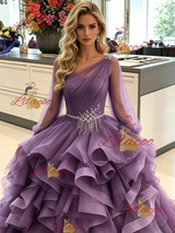 Purple Tulle Long Sleeve Pleats Prom Dress