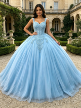 Blue Tulle Straps Appliques Quinceanera Dress