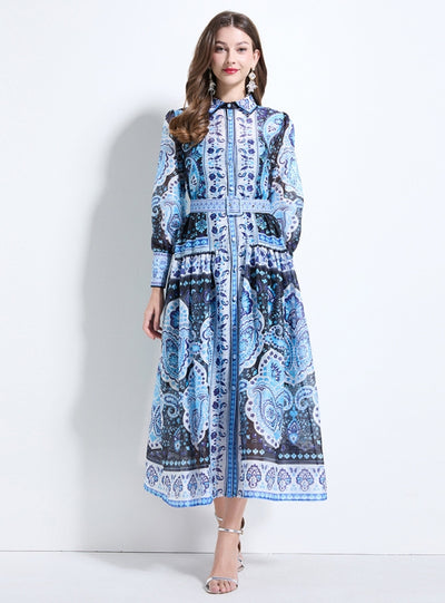 Printed Big Swing Long Sleeve Holiday Dress