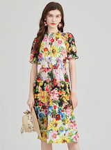 Printed Contrast High Waist Slim Short Sleeve Dress