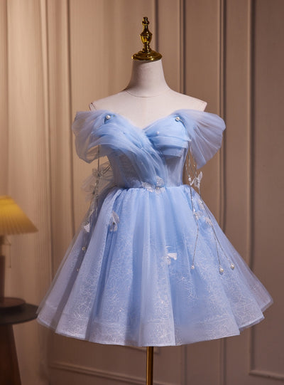 Blue Tulle Sequins Off the Shoulder Homecoming Dress