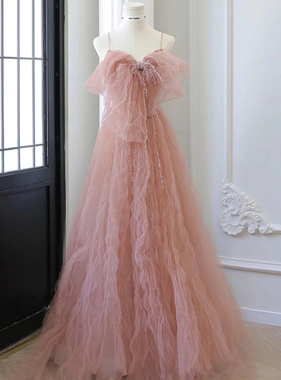 Pink Tulle Pleats Spaghetti Straps Prom Dress
