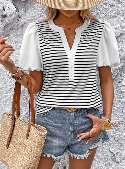 Spliced Collar Casual Striped T-shirt