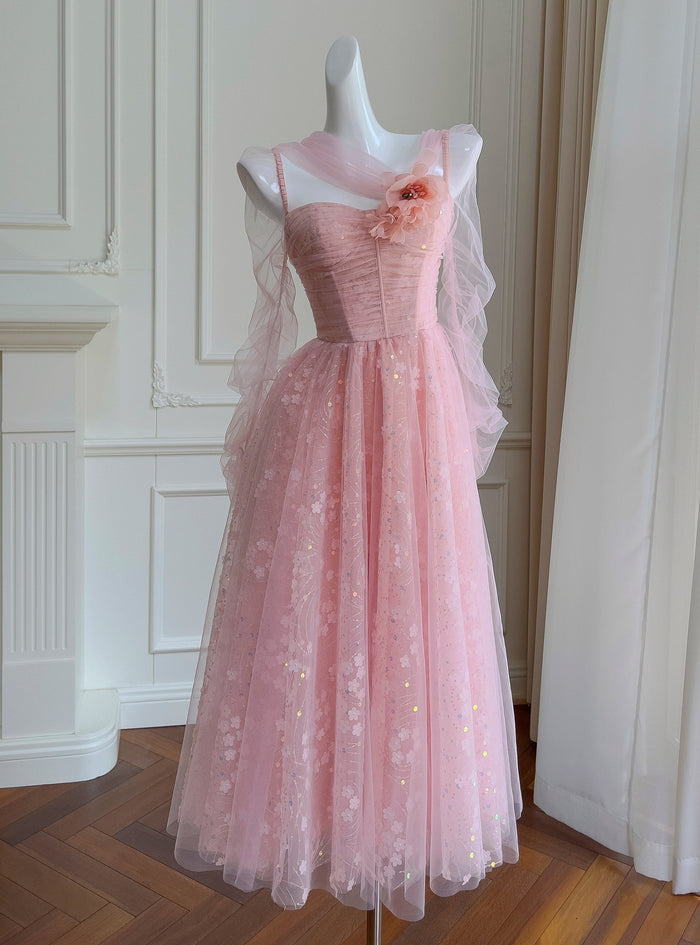 Pink Tulle Sequins Pleats Prom Dress