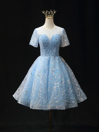 Light Blue Tulle Sequins Homecoming Dress