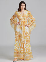 Horn Long Sleeve Print V-neck Dress