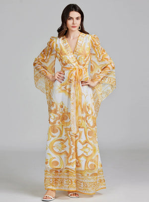 Horn Long Sleeve Print V-neck Dress