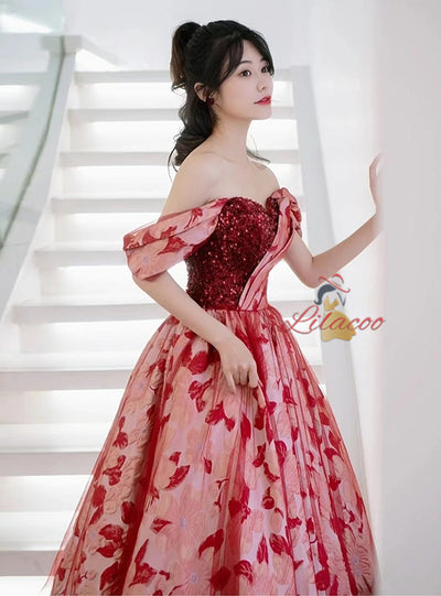 Burgundy Print Sequins Off the Shoulder Prom Dress