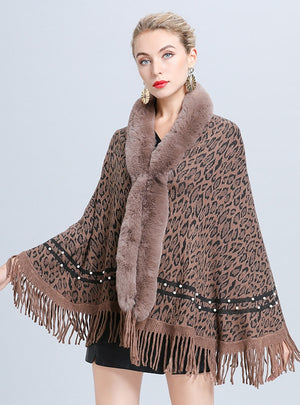 Imitation Fox Fur Collar Leopard Beaded Tassel Knitted Shawl