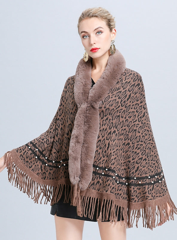 Imitation Fox Fur Collar Leopard Beaded Tassel Knitted Shawl