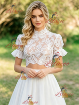 White Two Piece Lace Short Sleeve Wedding Dress