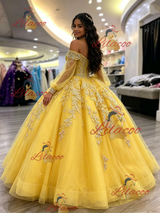 Yellow Of the Shoulder Appliques Quinceanera Dress