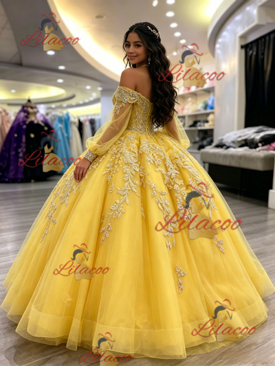 Yellow Of the Shoulder Appliques Quinceanera Dress