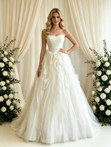 Beige White Tulle Strapless Pleats Wedding Dress
