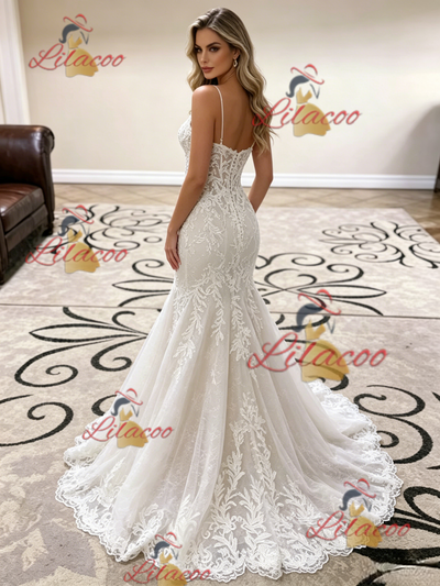 White Mermaid Lace Straps Wedding Dress