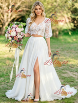 White Two Piece Lace Puff Sleeve Wedding Dress