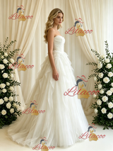 Beige White Tulle Strapless Pleats Wedding Dress
