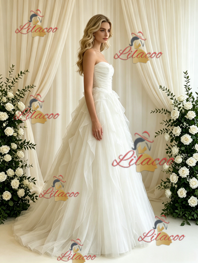 Beige White Tulle Strapless Pleats Wedding Dress