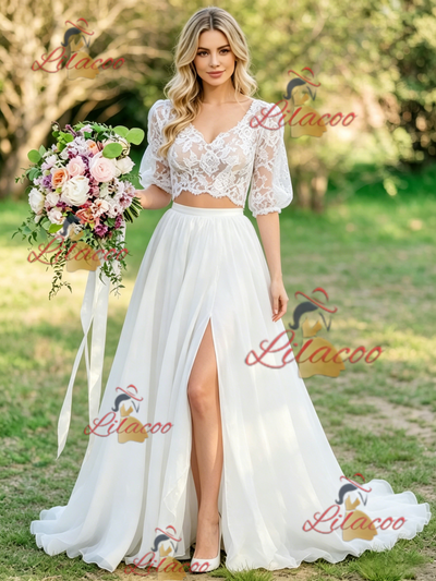 White Two Piece Lace Puff Sleeve Wedding Dress
