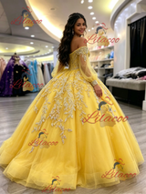Yellow Of the Shoulder Appliques Quinceanera Dress