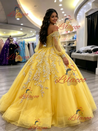 Yellow Of the Shoulder Appliques Quinceanera Dress
