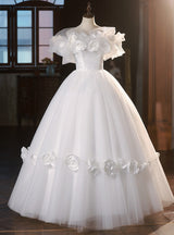 Vintage White Tulle 3D Flower Wedding Dress